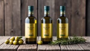Three olive oil bottles with olives and rosemary on a wooden surface