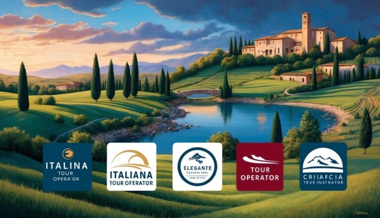 Scenic landscape with lake, buildings, and tour operator logos