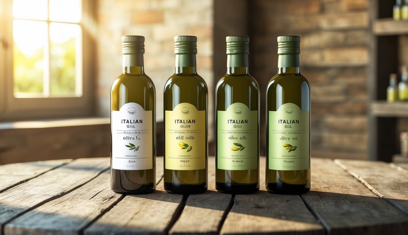Three bottles of Italian olive oil sit on a rustic wooden table, each labeled with a different grade.</p><p>The sunlight streams in, casting a warm glow on the bottles