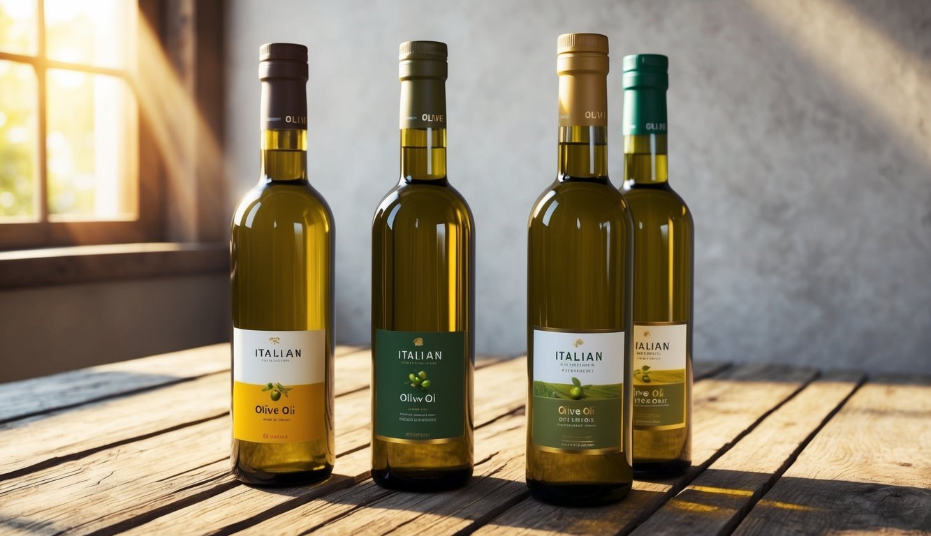 Three bottles of Italian olive oil stand side by side on a rustic wooden table, each with its own distinct label and color.</p><p>The sunlight streams through a nearby window, casting a warm glow on the bottles