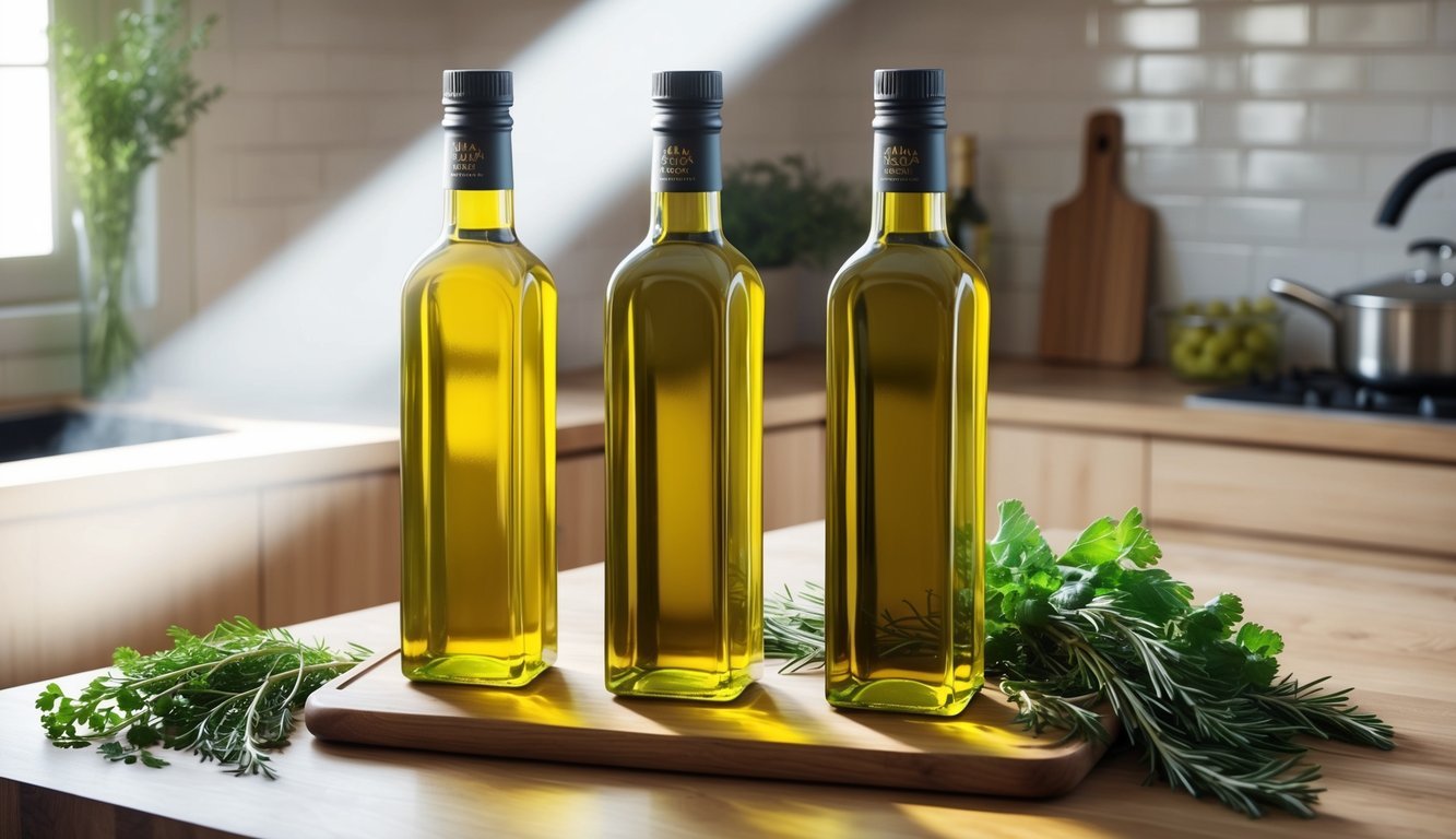 Three elegant bottles of Italian olive oil sit on a kitchen counter, surrounded by fresh herbs and a wooden cutting board.</p><p>A ray of sunlight highlights the golden liquid inside the bottles