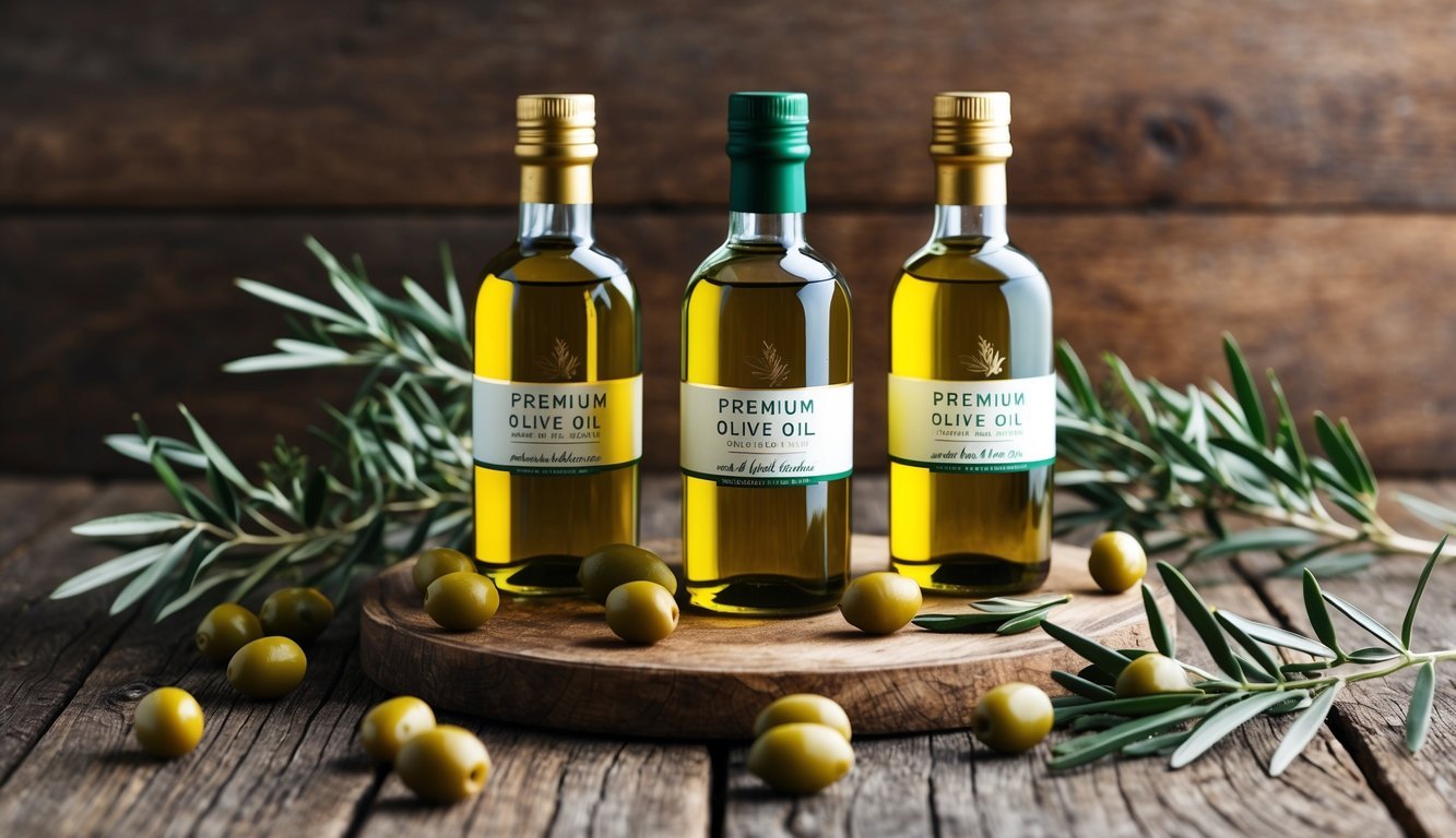 Three bottles of premium olive oil from Italy displayed on a rustic wooden table with fresh olives and olive branches scattered around them