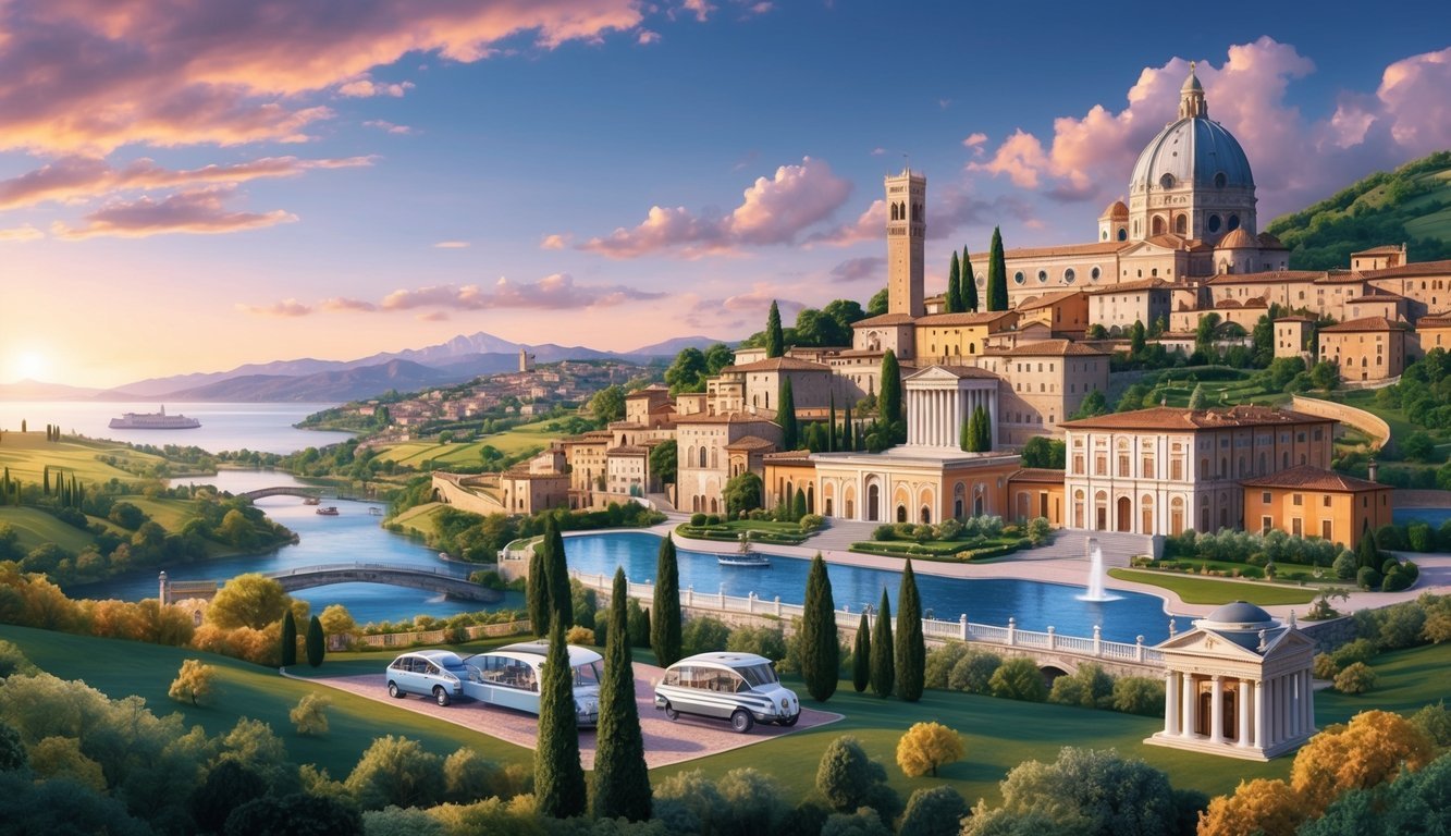 A scenic landscape of Italy featuring iconic landmarks and luxurious accommodations, with elegant transportation options and personalized tour experiences