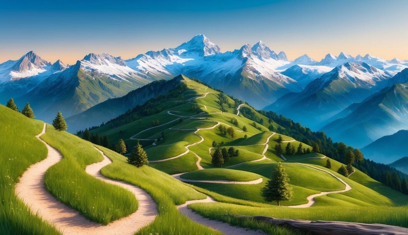 A panoramic view of the Italian Alps with winding hiking trails, lush greenery, and snow-capped peaks in the distance