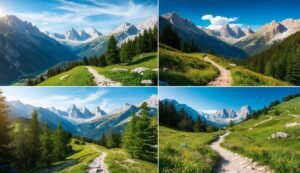 Four landscape images of mountains, green hills, and winding stone paths