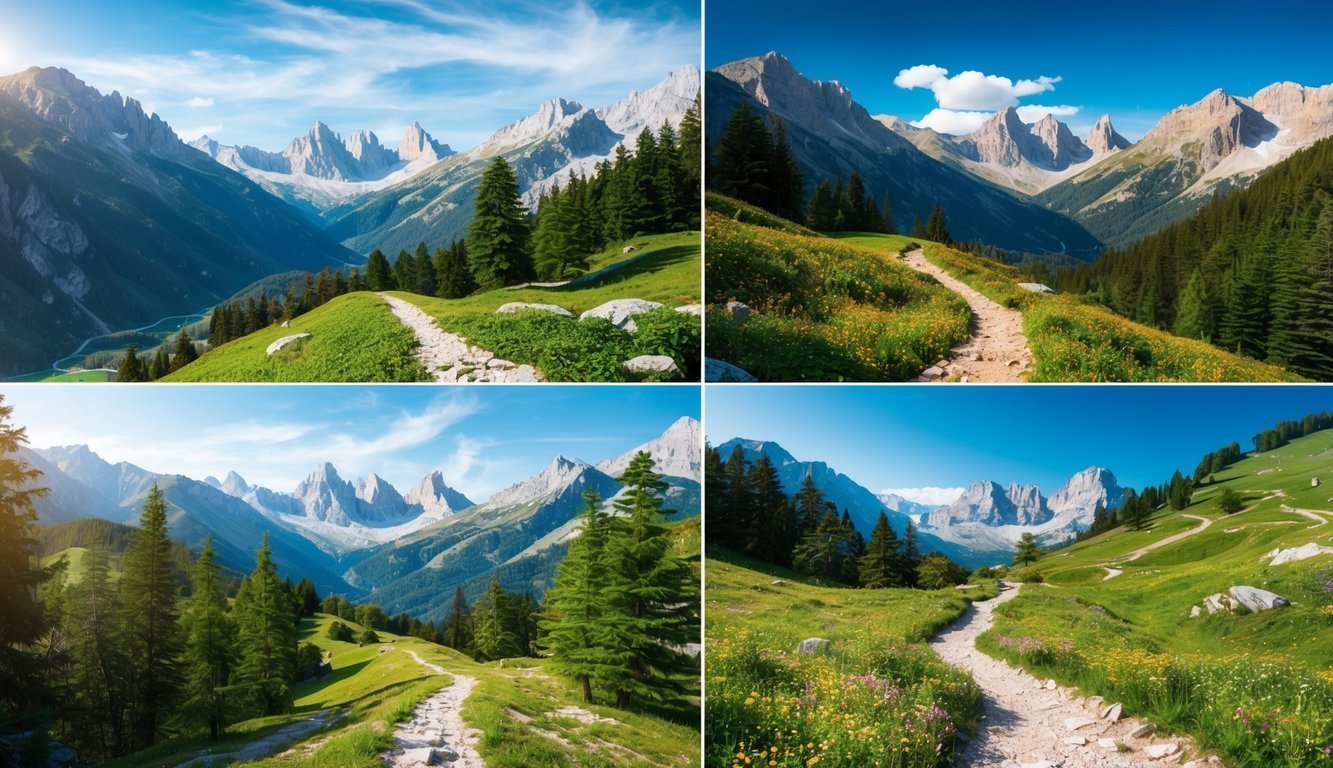 Four landscape images of mountains, green hills, and winding stone paths
