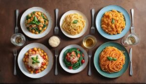 Six plates of pasta with forks, glasses, and parmesan cheese