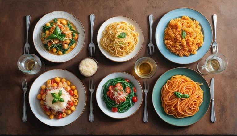 Six plates of pasta with forks, glasses, and parmesan cheese