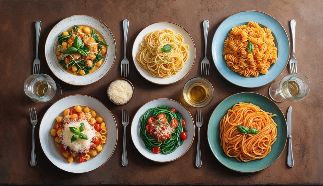 Six plates of pasta with forks, glasses, and parmesan cheese