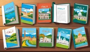 Nine illustrated travel books about Italy on a wooden surface