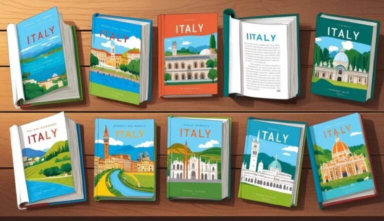 Nine illustrated travel books about Italy on a wooden surface