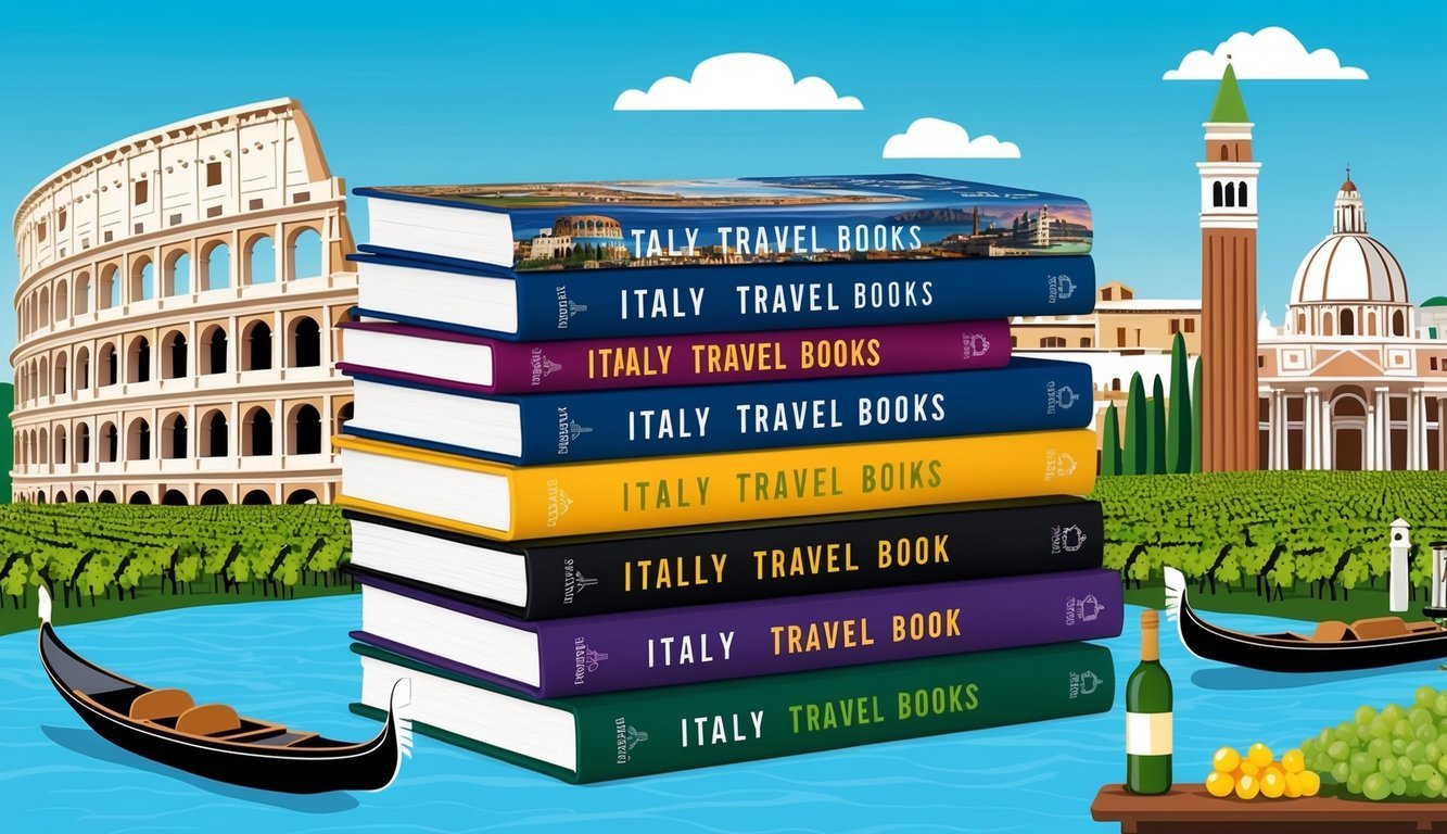 A stack of 7 Italy travel books surrounded by iconic Italian landmarks and symbols, such as the Colosseum, gondolas, and vineyards