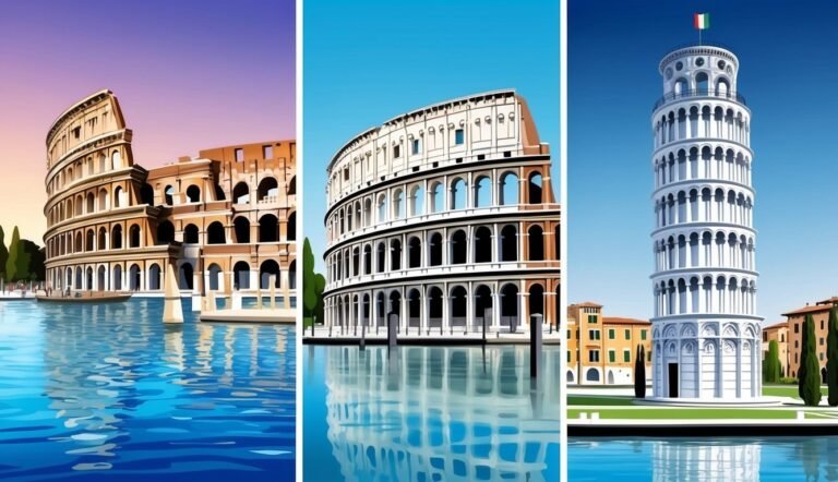 Three Italian landmarks: Colosseum, Colosseum reflection, and Leaning Tower of Pisa