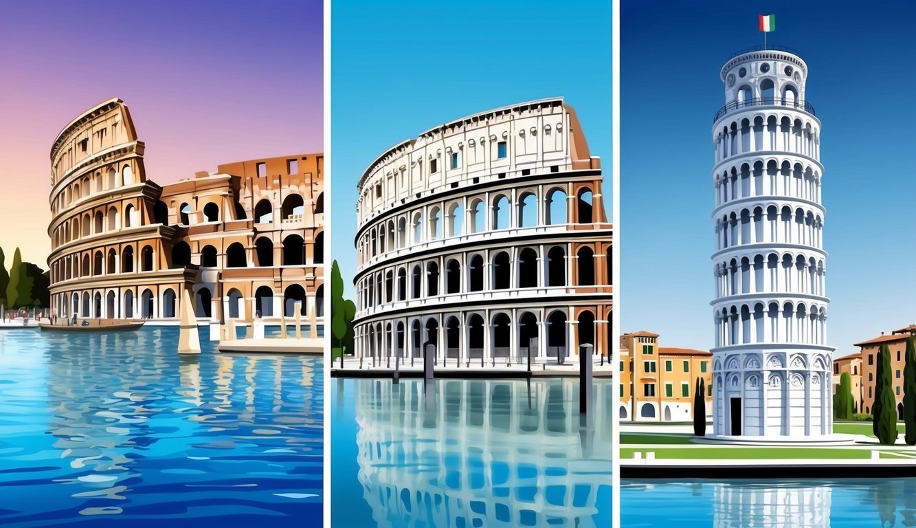 Three Italian landmarks: Colosseum, Colosseum reflection, and Leaning Tower of Pisa