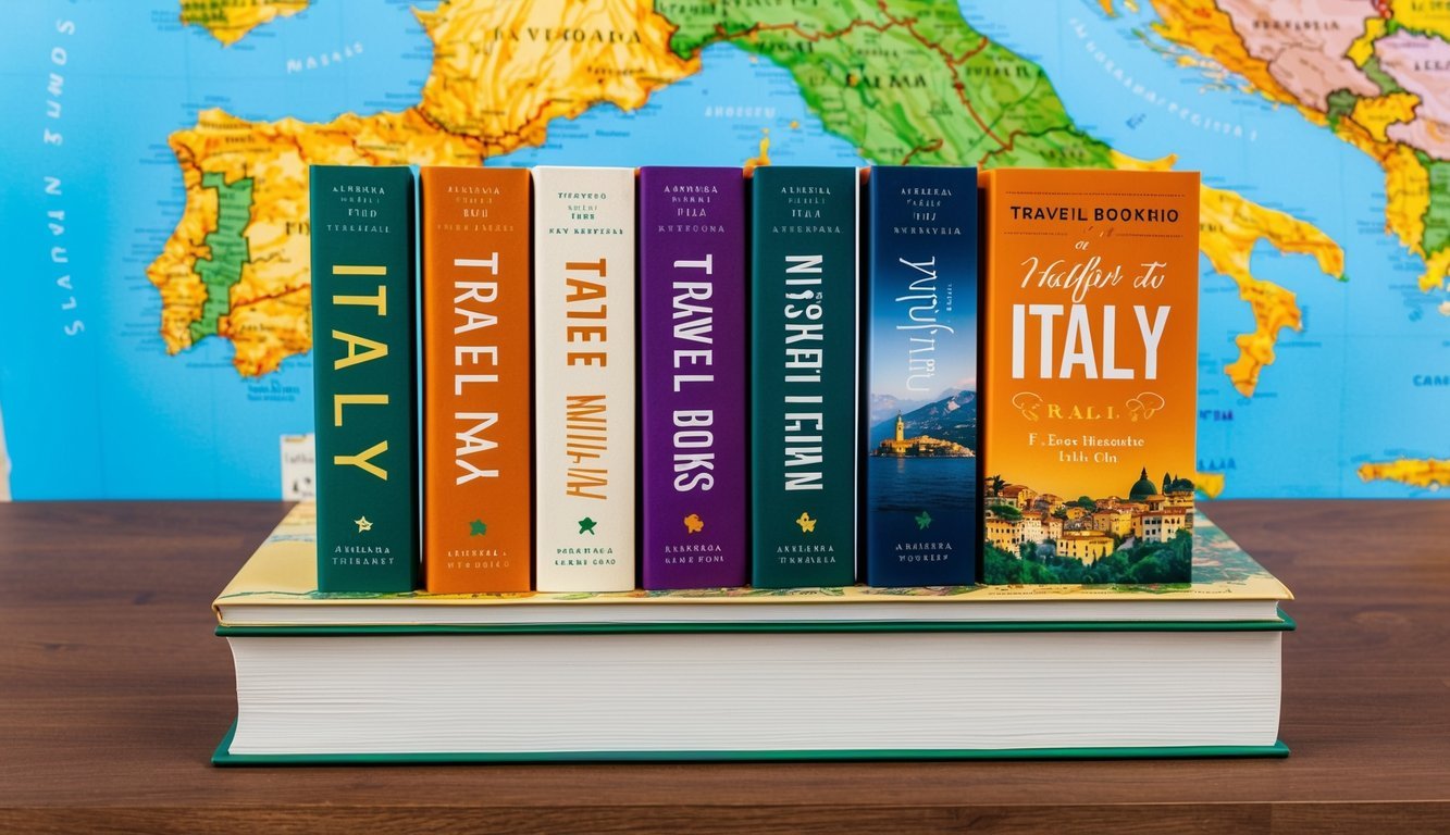 A table with 7 Italy travel books, each with a different cover design, arranged neatly on a wooden surface with a map of Italy in the background