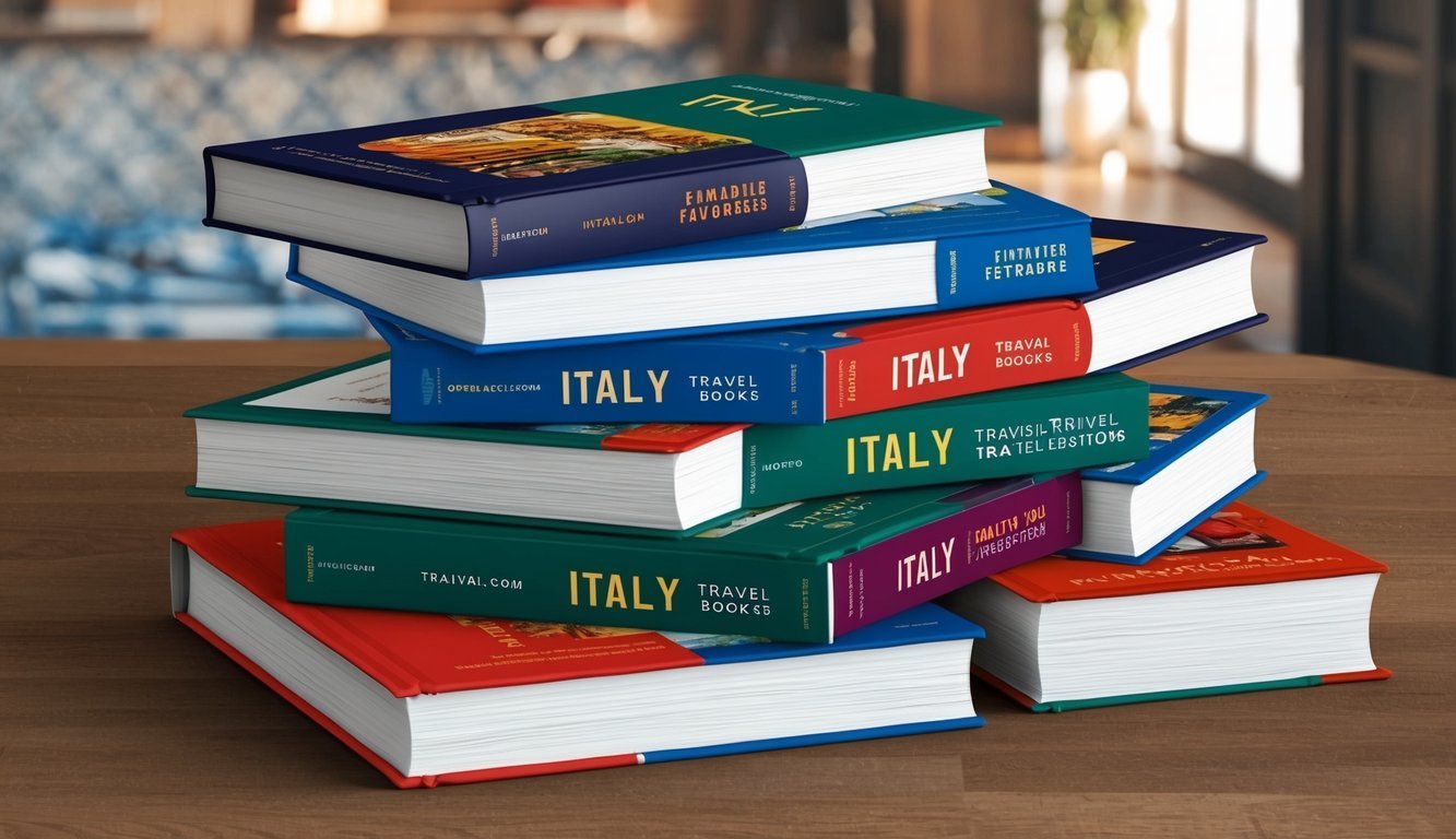A stack of 7 Italy travel books with FAQ section open