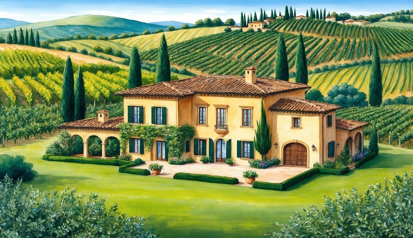 A picturesque Italian villa nestled among rolling hills, with a lush garden and a charming courtyard, set against a backdrop of vineyards and olive groves