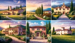 Six paintings of Italian villas with gardens and cypress trees