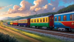 Colorful train cars on tracks, passing through a scenic landscape