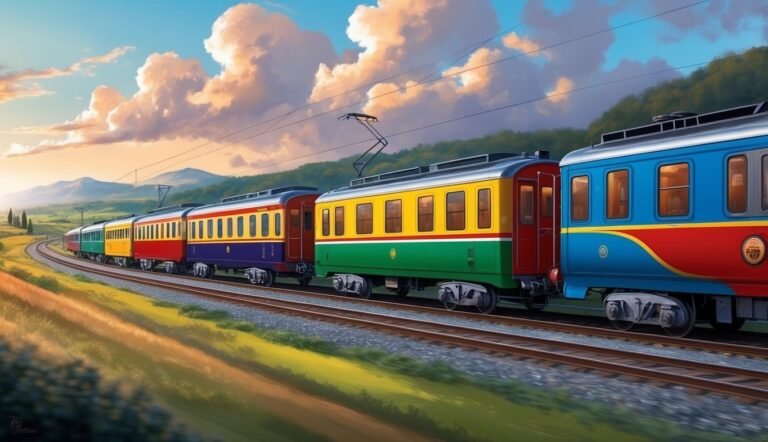 Colorful train cars on tracks, passing through a scenic landscape