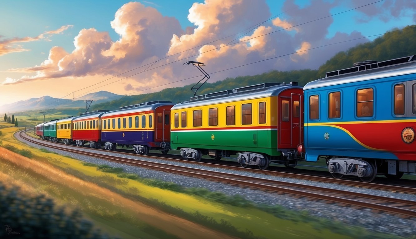 Colorful train cars on tracks, passing through a scenic landscape