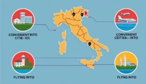 Map of Italy with illustrations of buildings and airplanes
