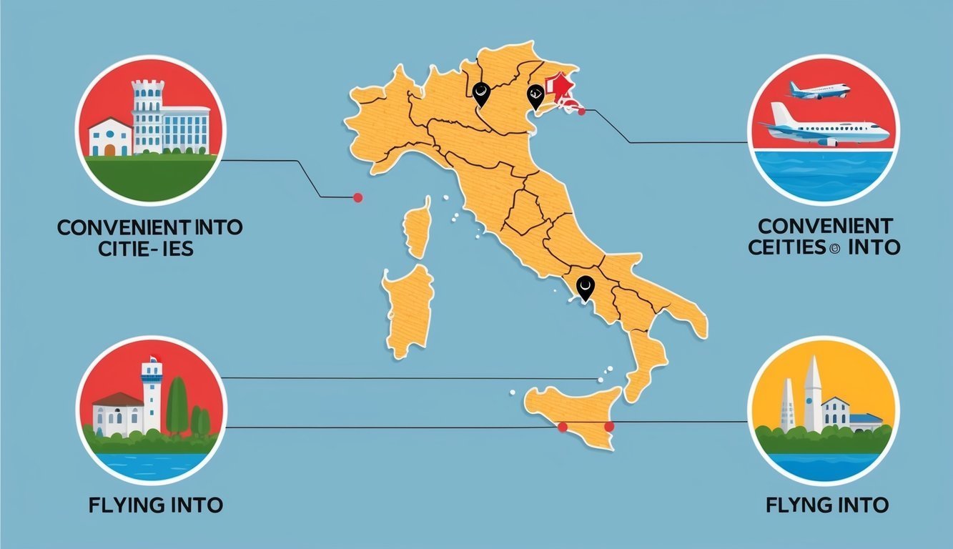 Map of Italy with illustrations of buildings and airplanes