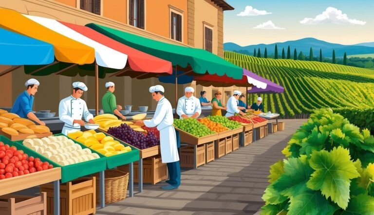 Farmers market with chefs selling fresh produce, vineyard in background