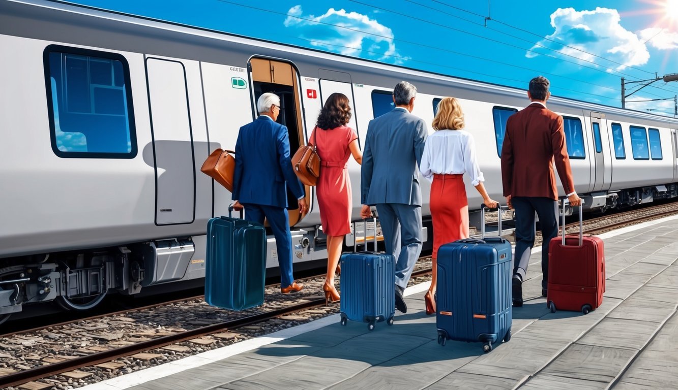 Passengers boarding a sleek Italian train, luggage in hand, under a sunny blue sky