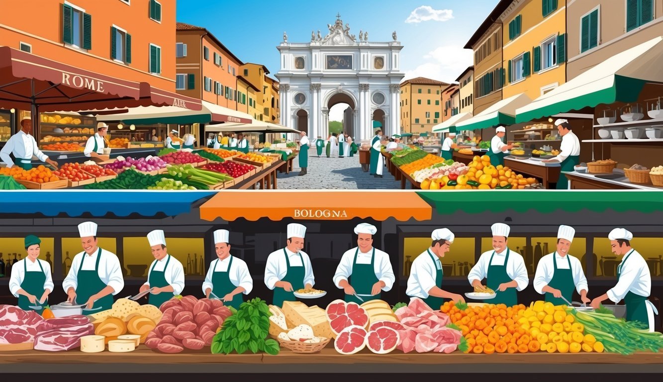 Vibrant outdoor markets in Rome, Florence, and Bologna showcase colorful arrays of fresh produce, meats, and cheeses, while skilled chefs prepare traditional dishes in bustling kitchens