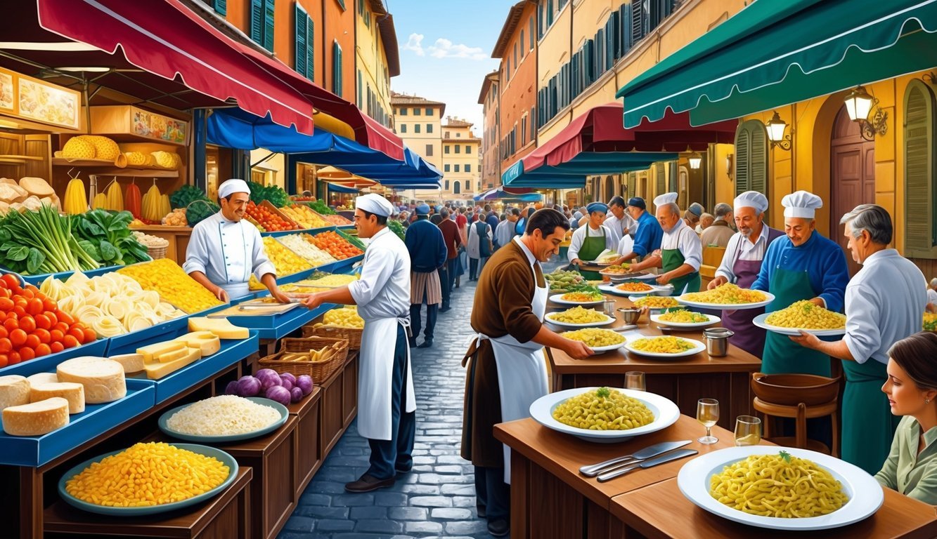 A bustling street market in Rome, with colorful stalls selling fresh produce, pasta, and cheese.</p><p>A chef prepares traditional Neapolitan pizza in a busy Naples pizzeria.</p><p>In Florence, a crowded trattoria serves up plates of rich, creamy risotto