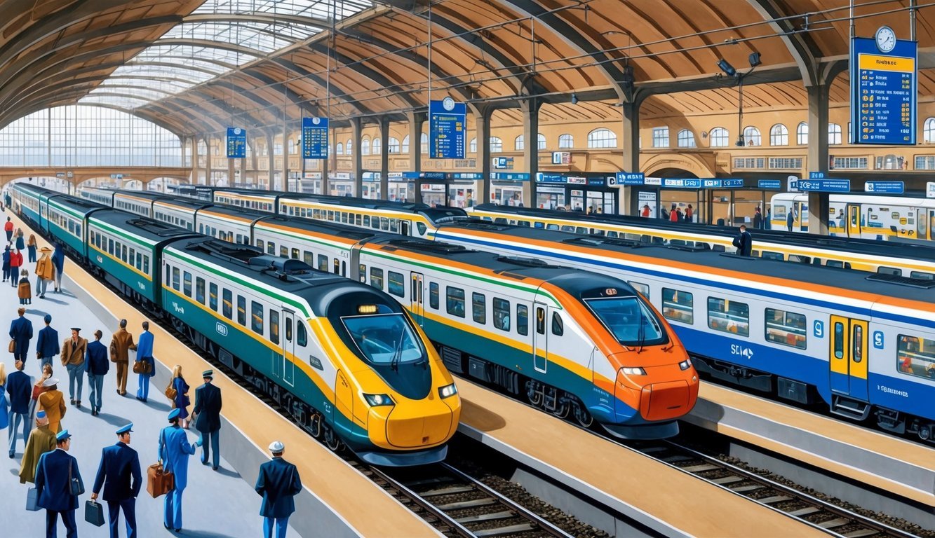 A bustling train station in Italy with multiple trains arriving and departing on the platforms, passengers waiting and boarding, and signs displaying train schedules and information