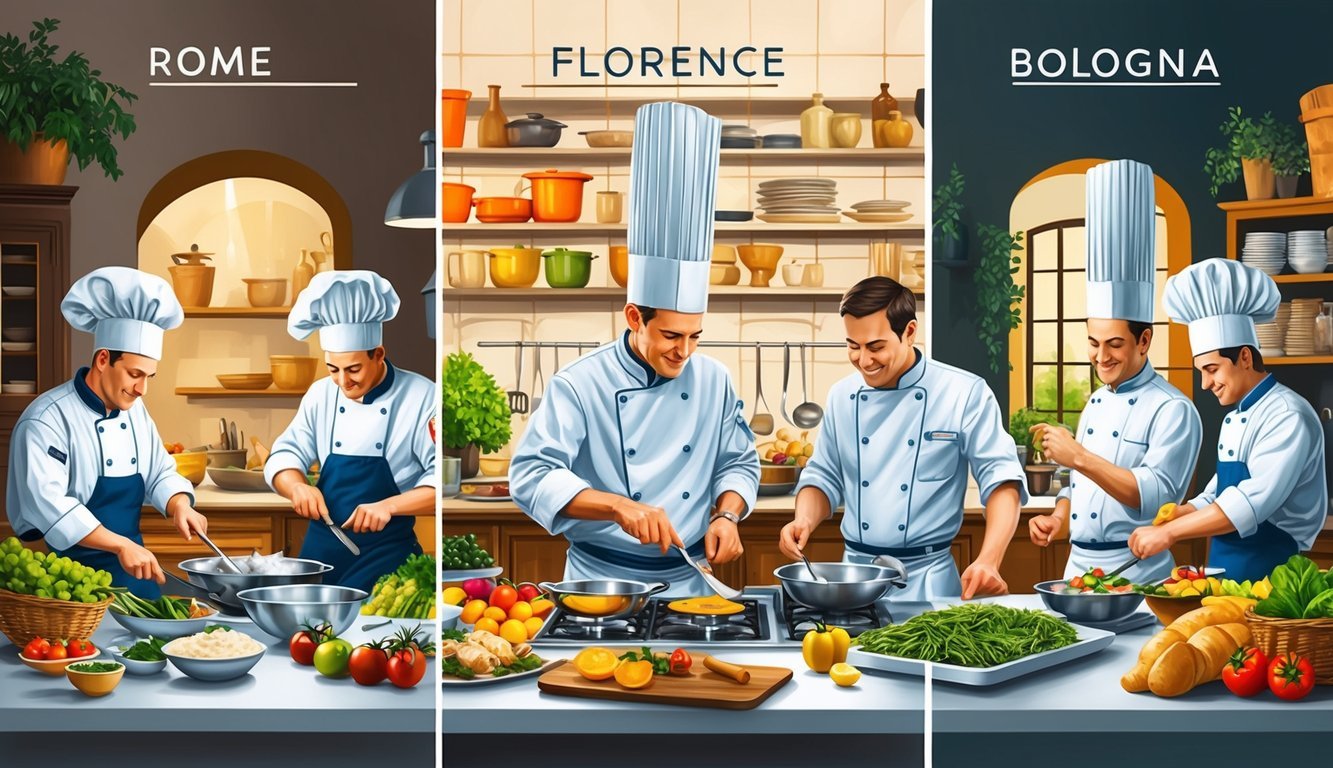 A bustling kitchen in Rome, Florence, and Bologna, with chefs experimenting with traditional and modern techniques, surrounded by fresh local ingredients