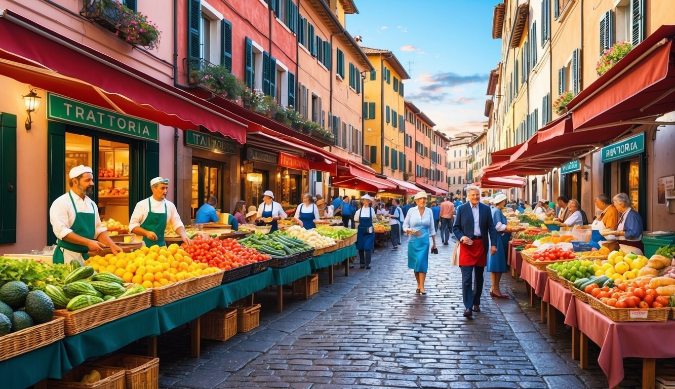 A bustling street market in Italy, with colorful produce stalls and bustling crowds.</p><p>A row of charming trattorias line the cobblestone street, each offering traditional Italian cuisine