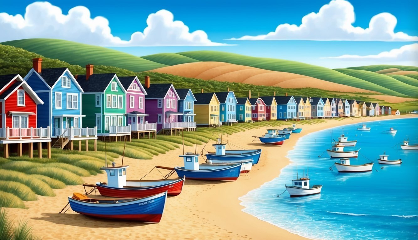 Colorful beach houses line a shore with boats and a bright blue ocean
