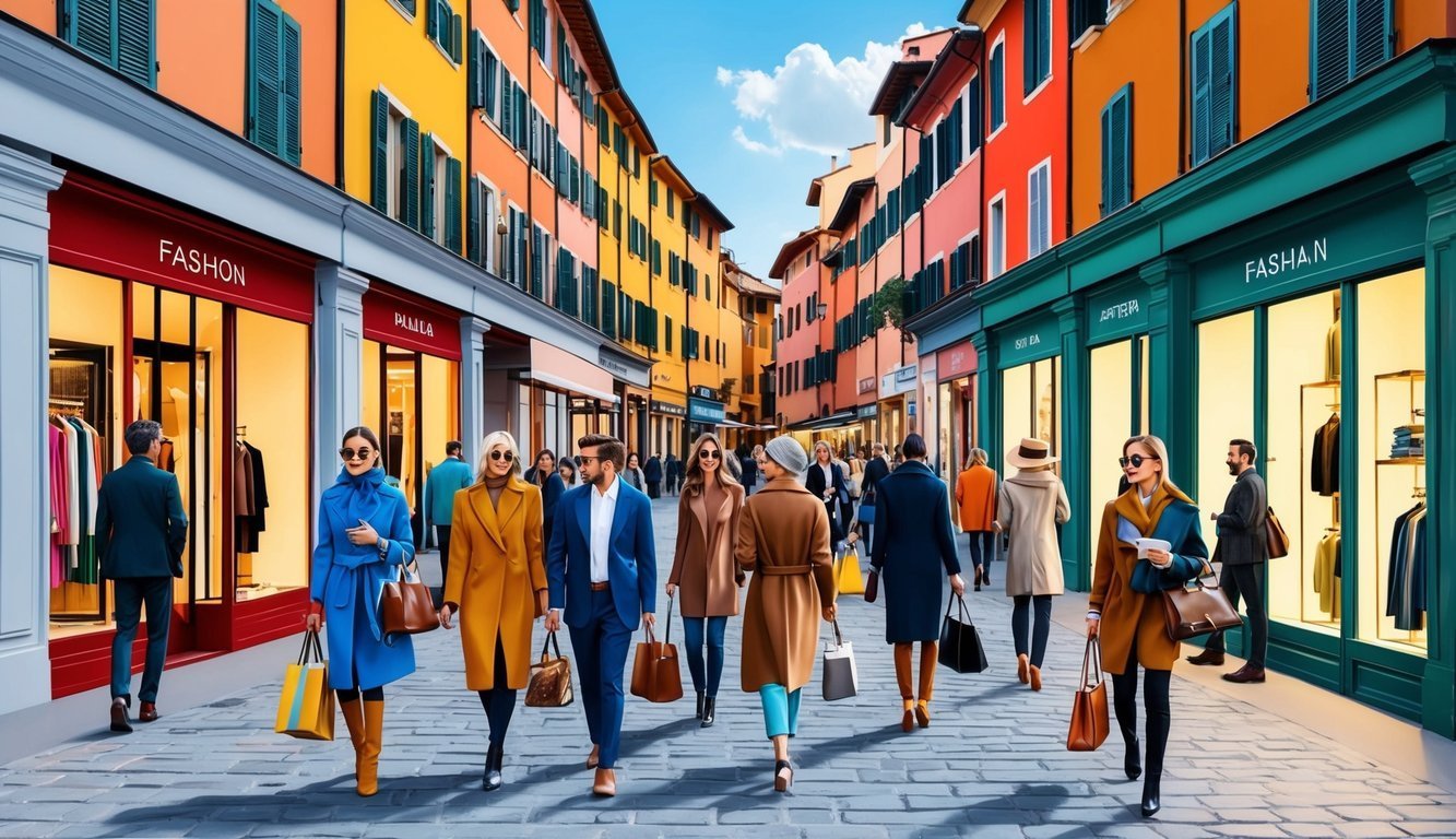 A bustling Italian marketplace with colorful storefronts and stylish shoppers browsing through high-end fashion and design stores