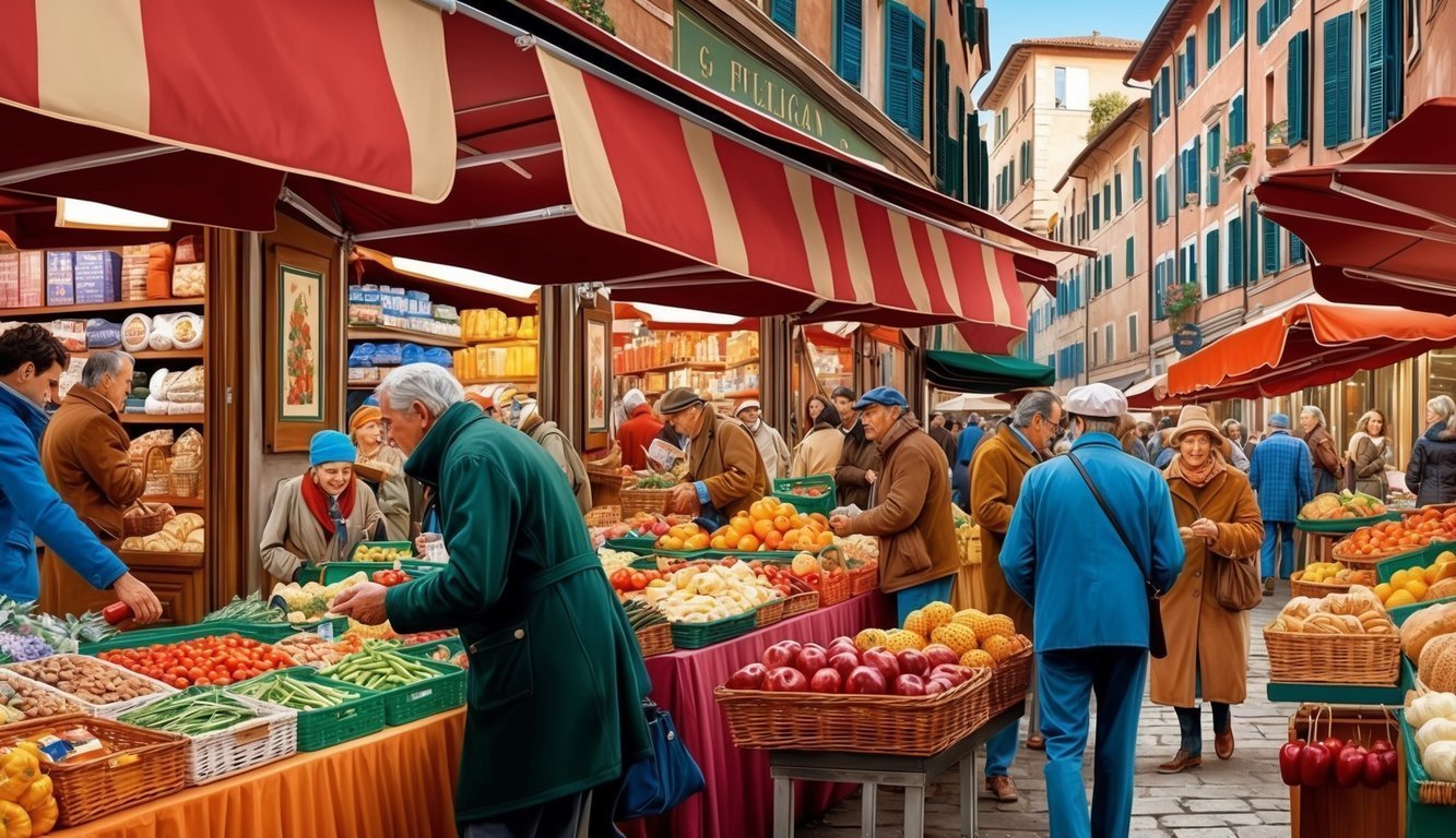People shopping for produce at a bustling outdoor market with red awnings