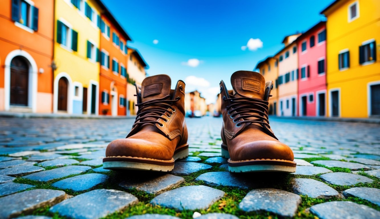 A pair of sturdy, well-worn shoes stands on a cobblestone street, surrounded by colorful buildings and a clear blue sky in Italy