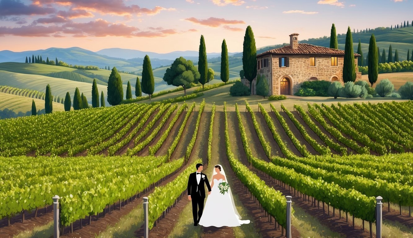 A picturesque vineyard wedding in Tuscany, with rolling hills, cypress trees, and a rustic stone villa