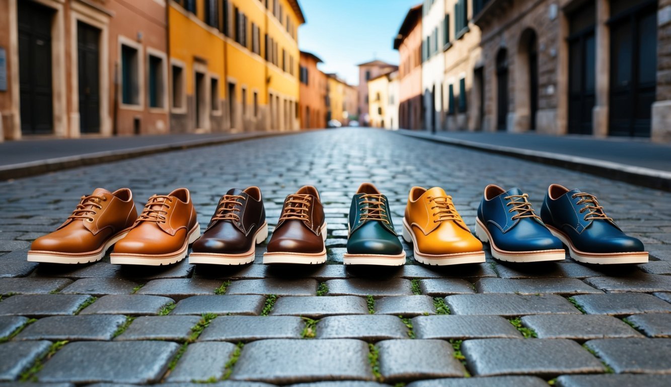 Seven colorful leather shoes lined up on a cobblestone street