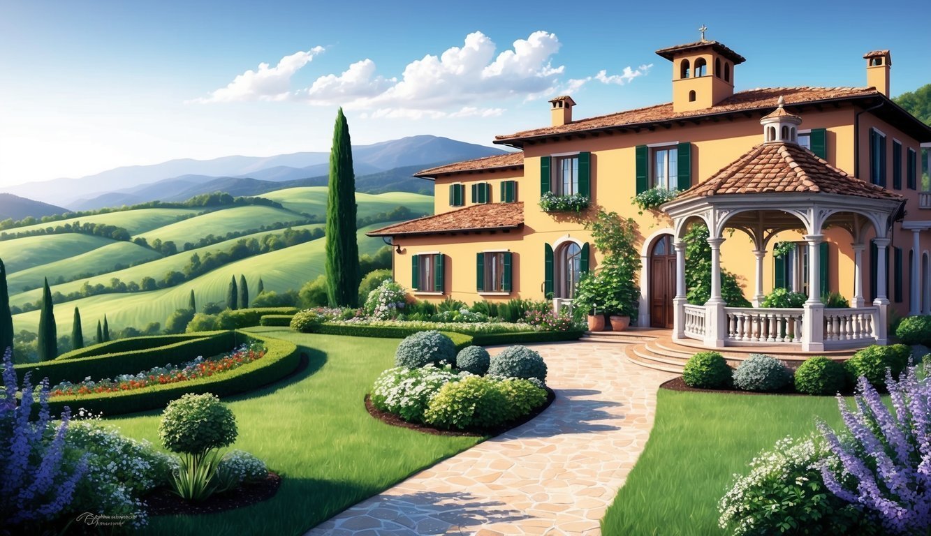 A beautiful Italian villa overlooking the rolling hills, with a picturesque garden and a charming gazebo for a romantic wedding ceremony