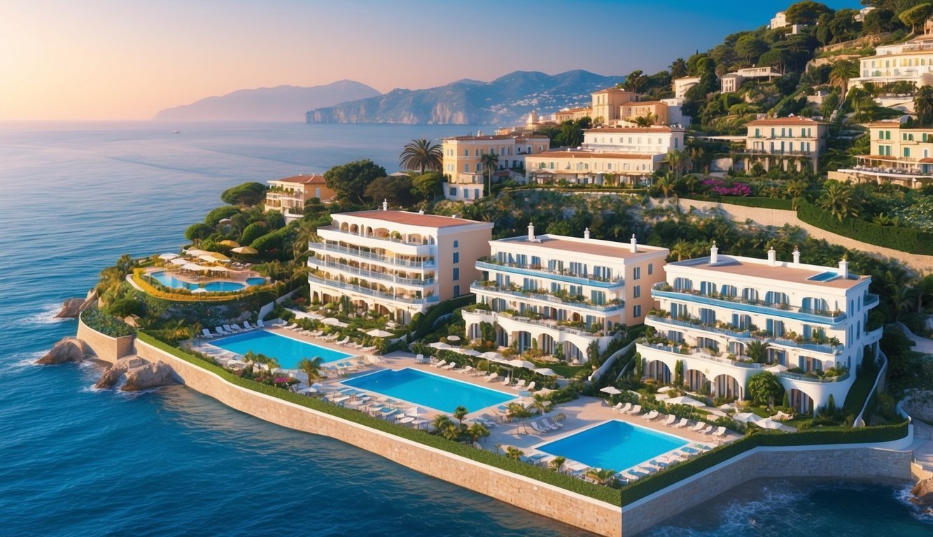 Aerial view of 4 luxurious hotels nestled along the stunning coastline of Sorrento, Italy, with vibrant gardens, swimming pools, and panoramic views of the Mediterranean Sea