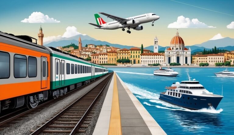 Train, plane, and boats in a coastal city with iconic architecture