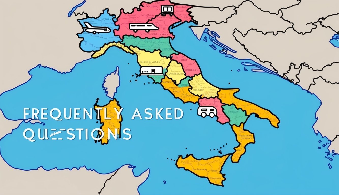A map of Italy with three different transportation icons (plane, train, car) displayed above the words "Frequently Asked Questions."