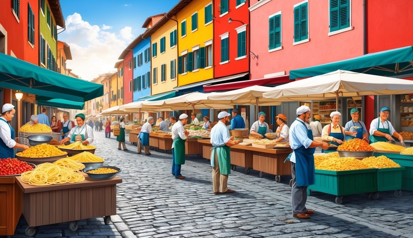 A bustling Italian market with vendors selling fresh pasta dishes, surrounded by colorful buildings and cobblestone streets