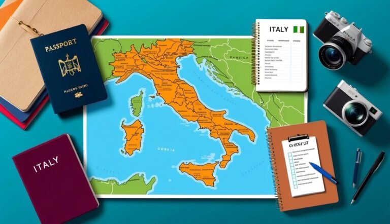 Italy map, passport, checklist, cameras, and notebook on a blue surface