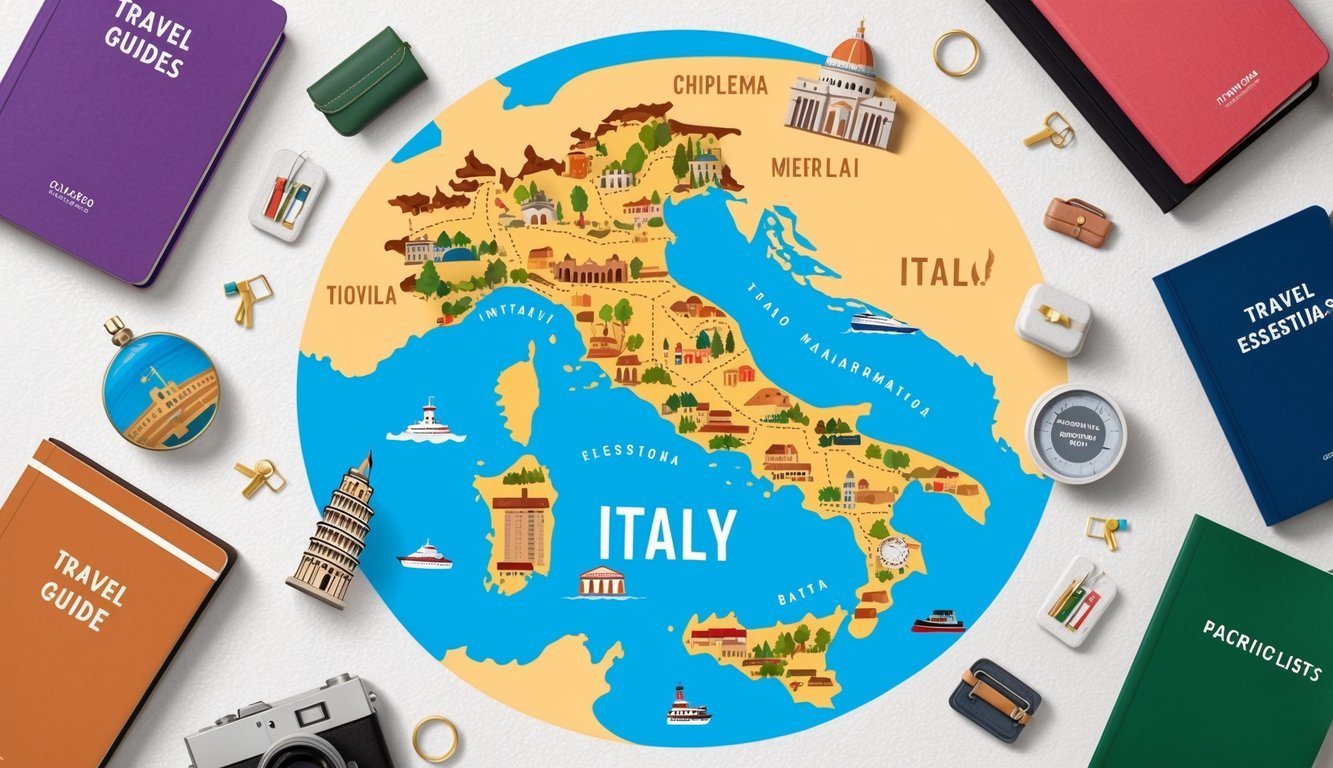 A map of Italy with landmarks and travel essentials scattered around, surrounded by travel guides and packing lists