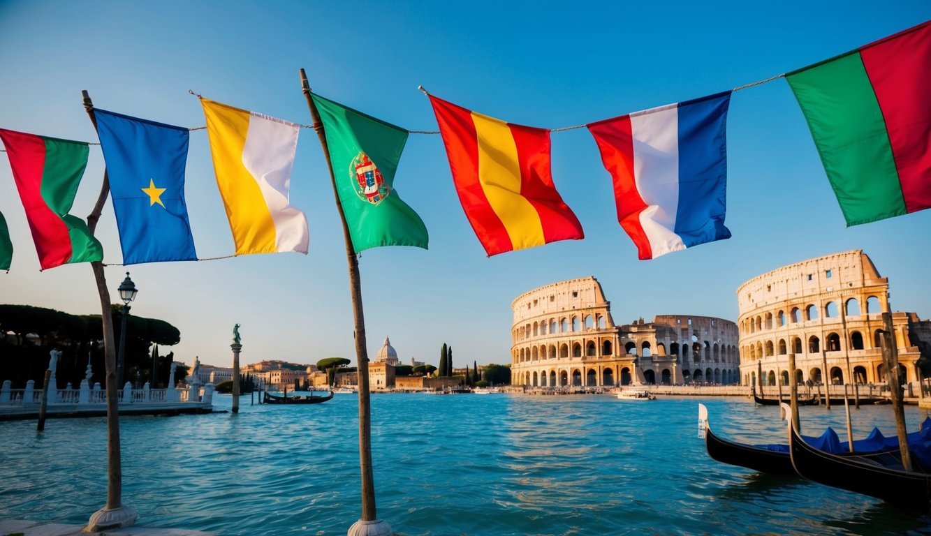 Flags of various countries with the Colosseum in the background