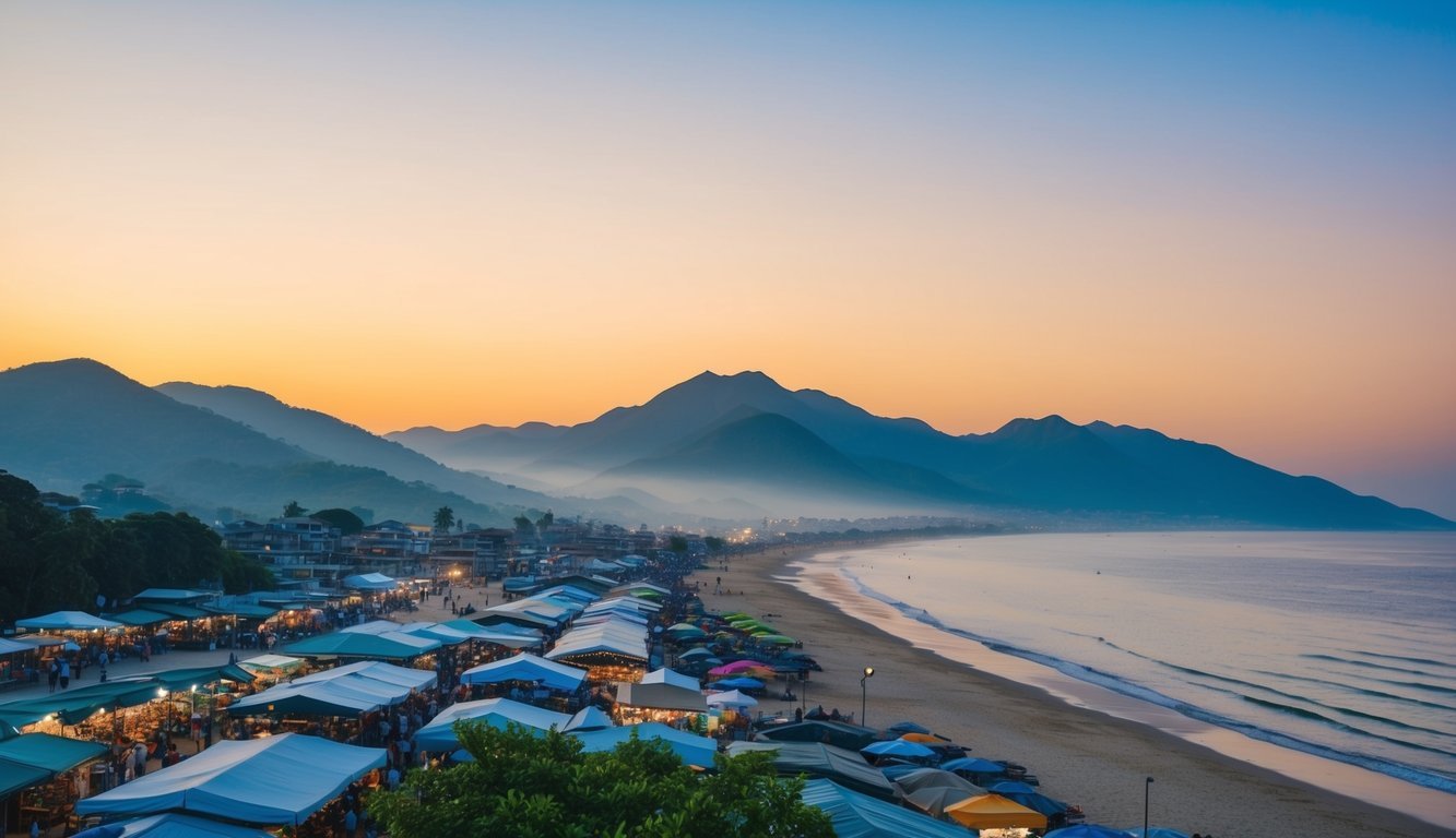 Beach market at sunset with mountains in the background