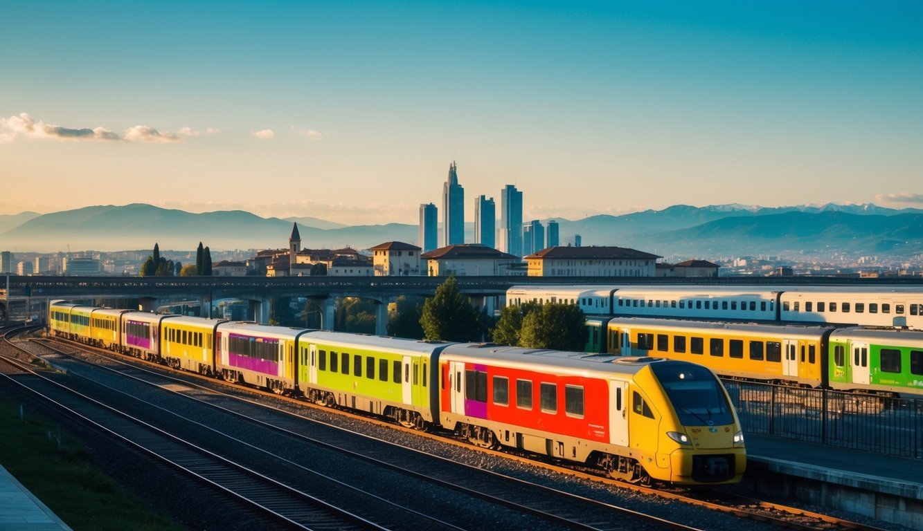 Colorful passenger trains at a station with city skyline and mountains in background